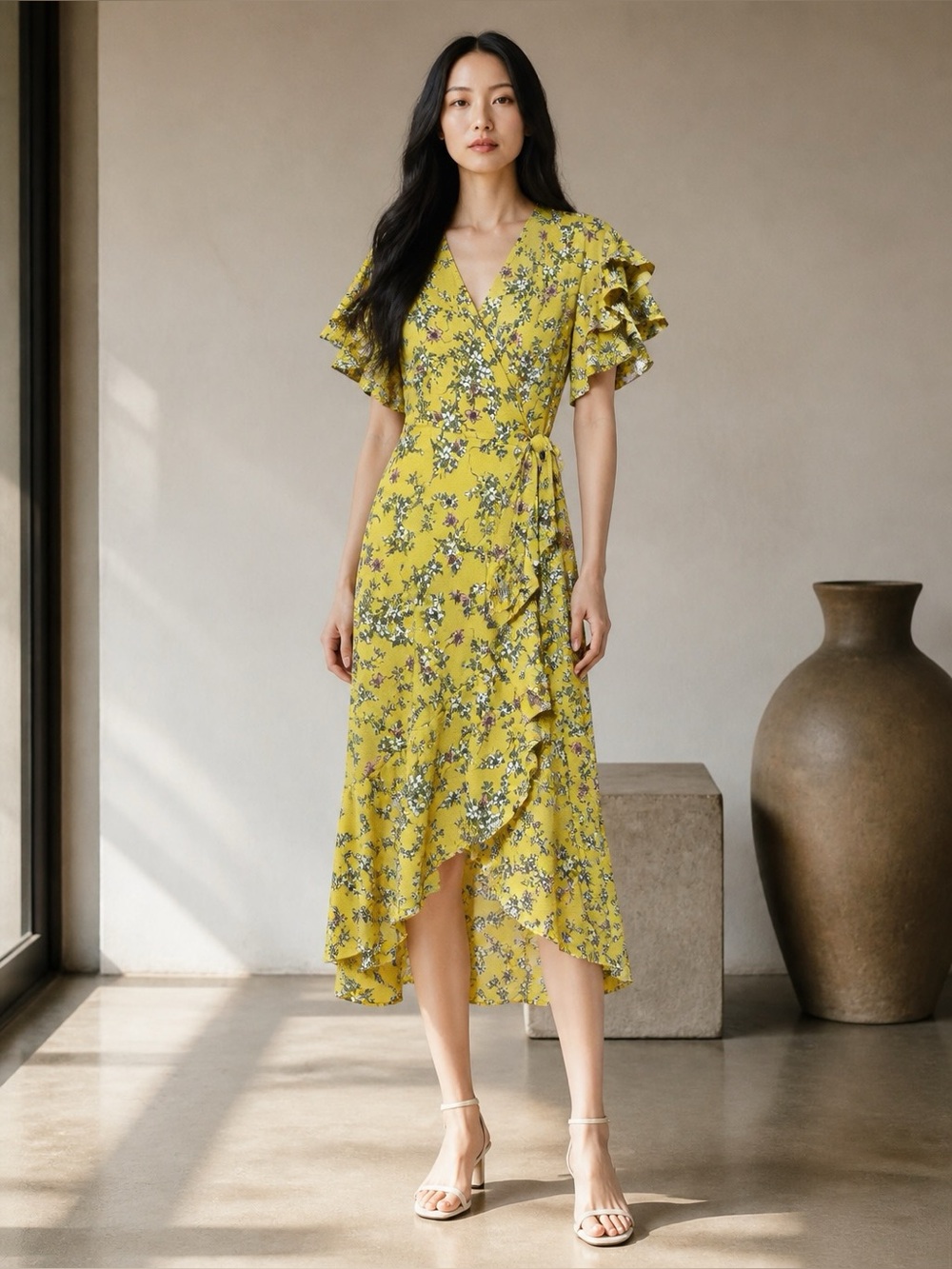 Max Studio Yellow Floral Wrap Midi Dress Ruffle Sleeves Size Small